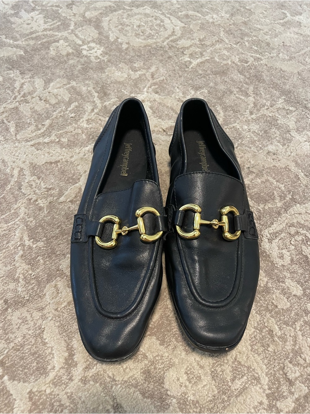 Jeffrey Campbell Black Leather Loafers with Gold Horsebit Size 8
